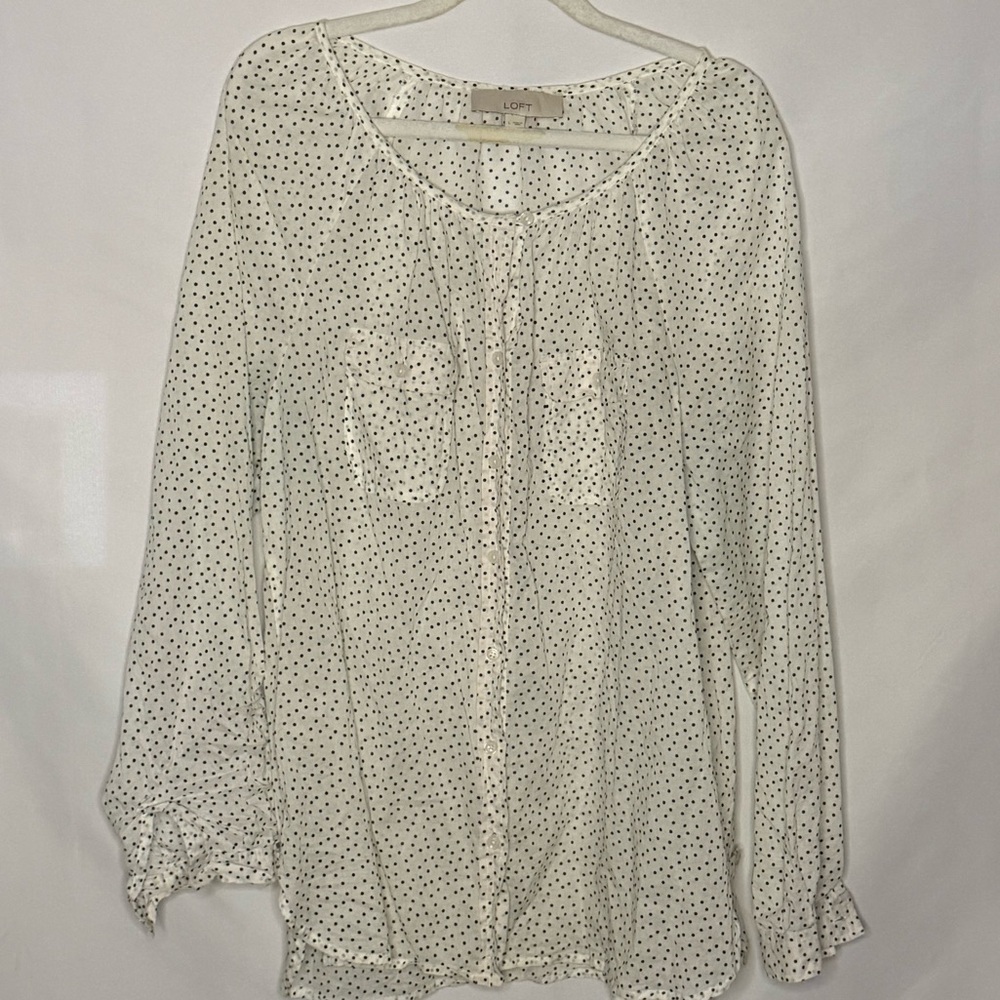 Loft White Tiny Polka Dot Button-Down Blouse W/ C… - image 1